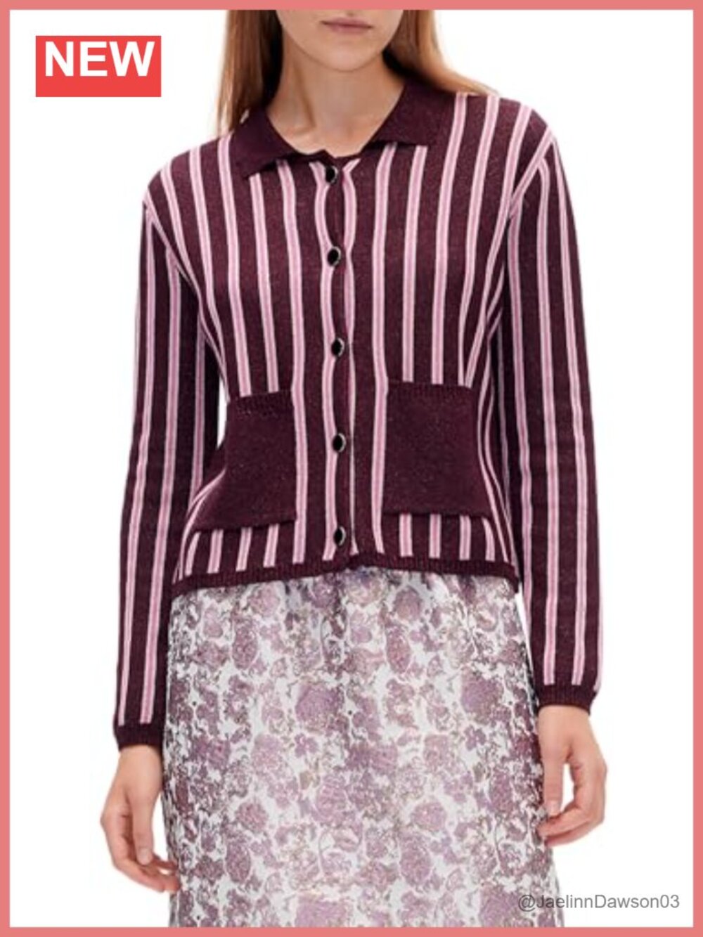Metallic Thread Cardigan Button Patch Pocket Collared Lightweight